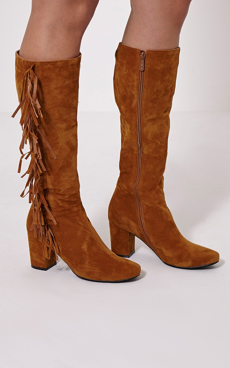 Shaia Tan Fringed Knee High Boots Jumpers PrettyLittleThing
