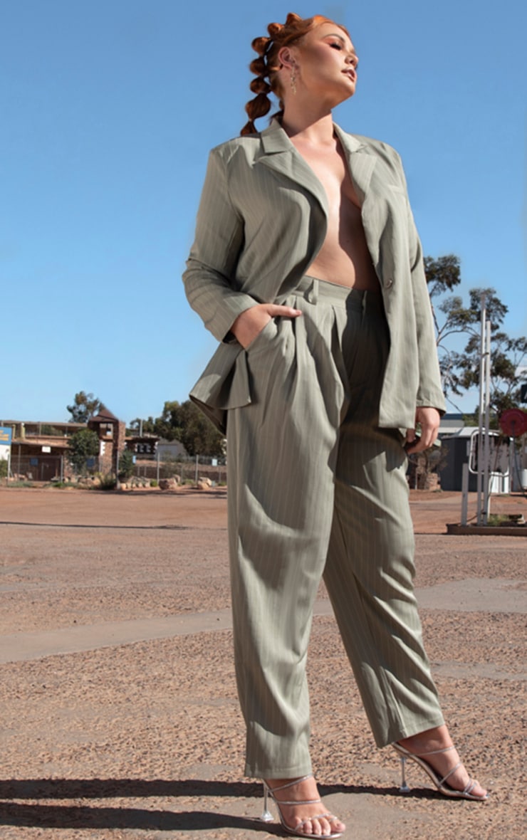 Sage Green Pinstripe Woven High Waisted Cigarette Pants