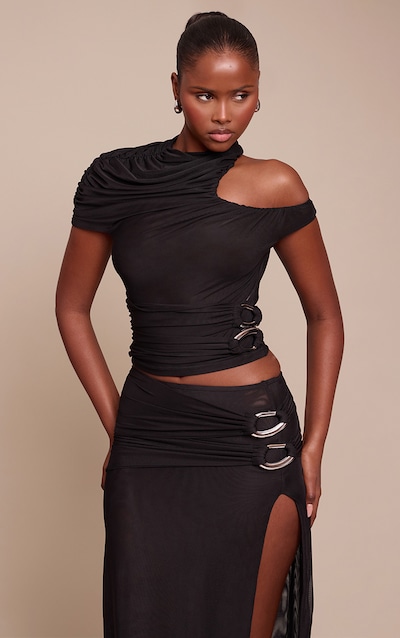 Black Double Layer Mesh Ruched Trim Detail Top