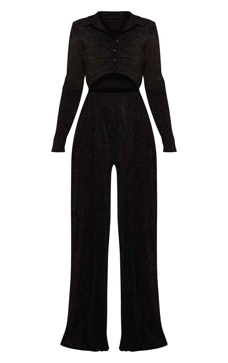 Black Glitter Plisse Ruched Shirt Jumpsuit PrettyLittleThing