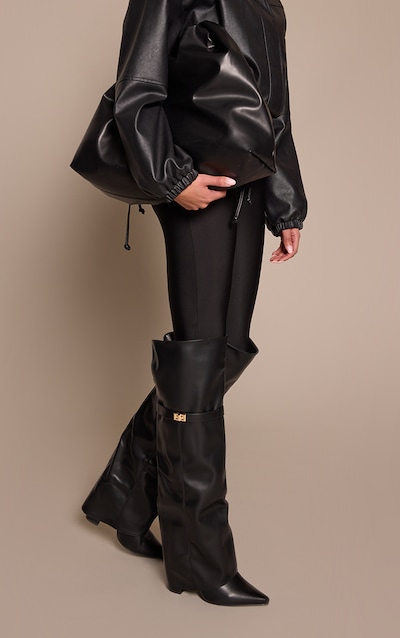 Black Faux Leather Block Heel Over The Knee Boots