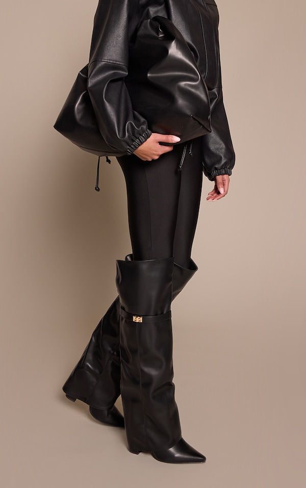 Black Faux Leather Block Heel Over The Knee Boots