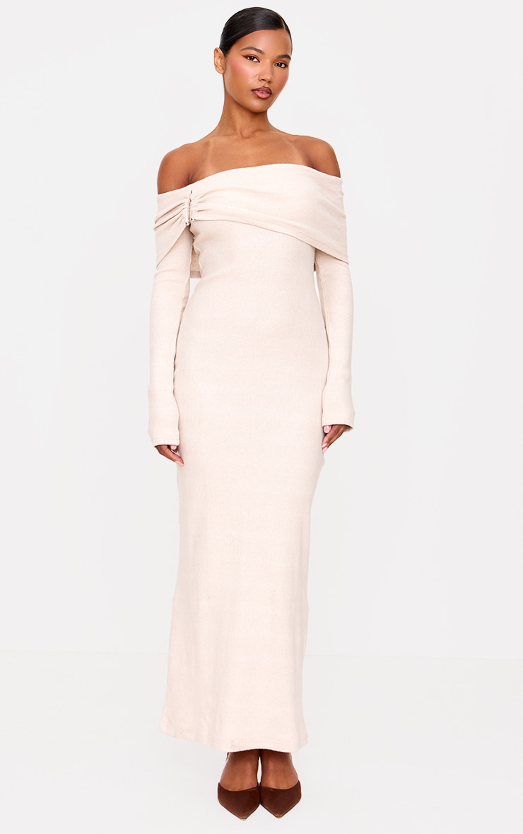 Stone Heavy Brushed Rib Bardot Trim Maxi Dress