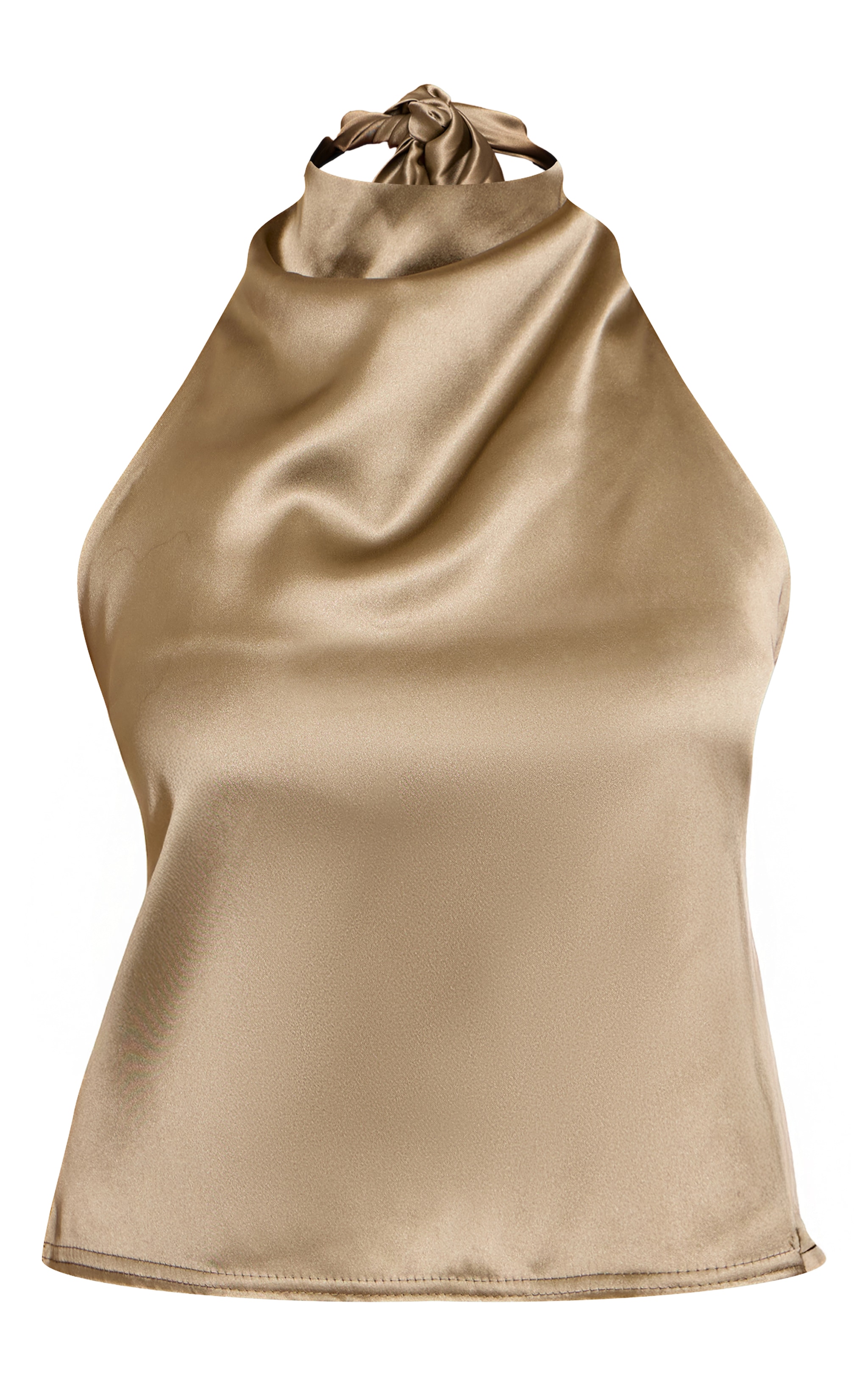 Petite Khaki Satin Halterneck Tie Top image 5