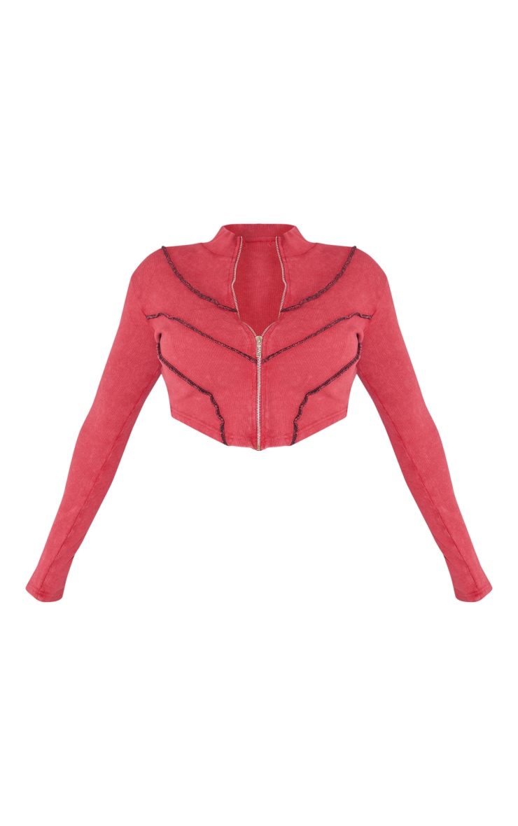 Shape Burgundy Soft Rib Seam Detail Long Sleeve Cropped Jacket image 5
