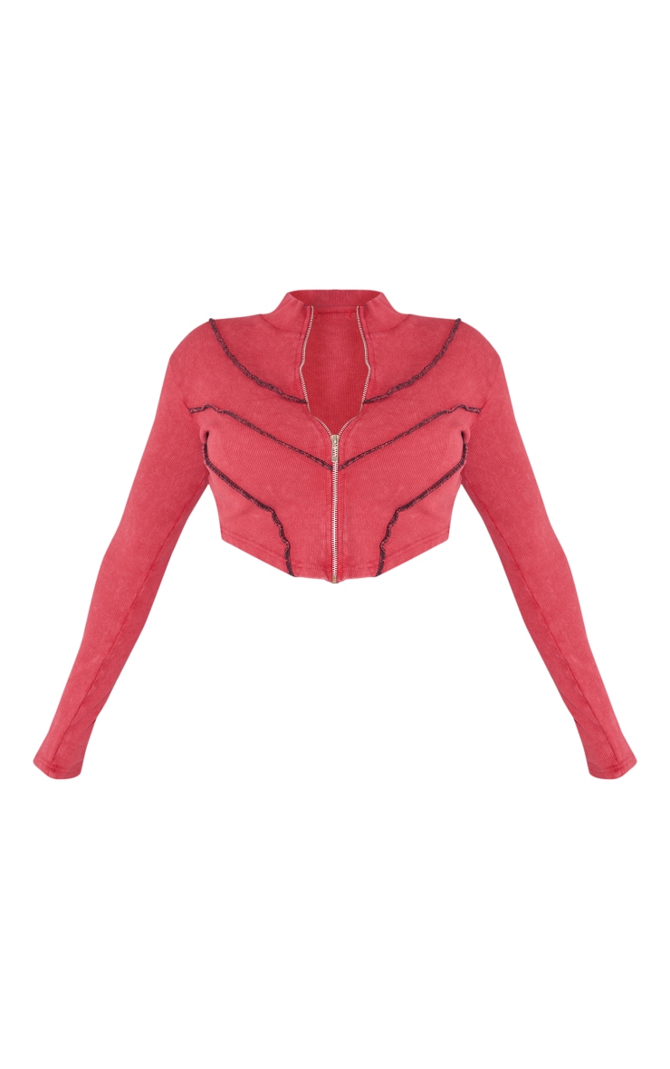 Shape Burgundy Soft Rib Seam Detail Long Sleeve Cropped Jacket image 5