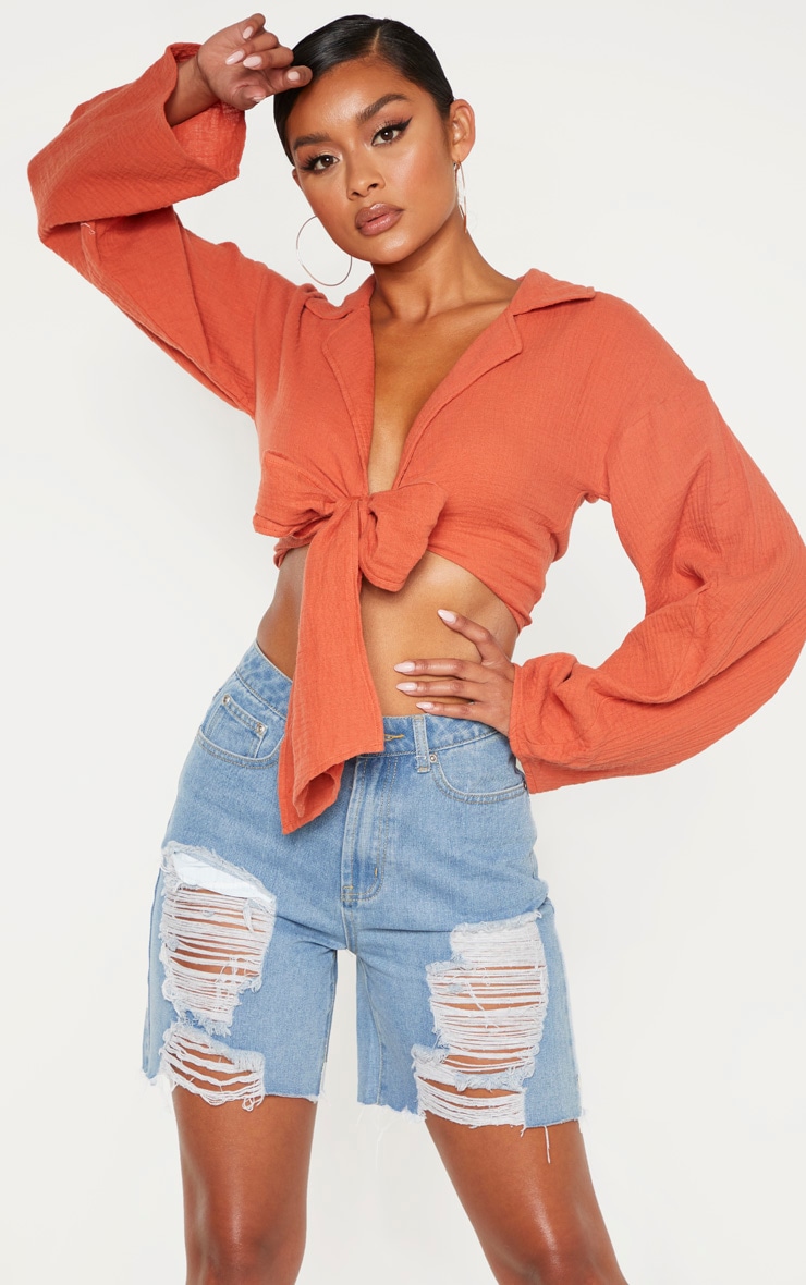 Rust Textured Oversized Tie Front Shirt