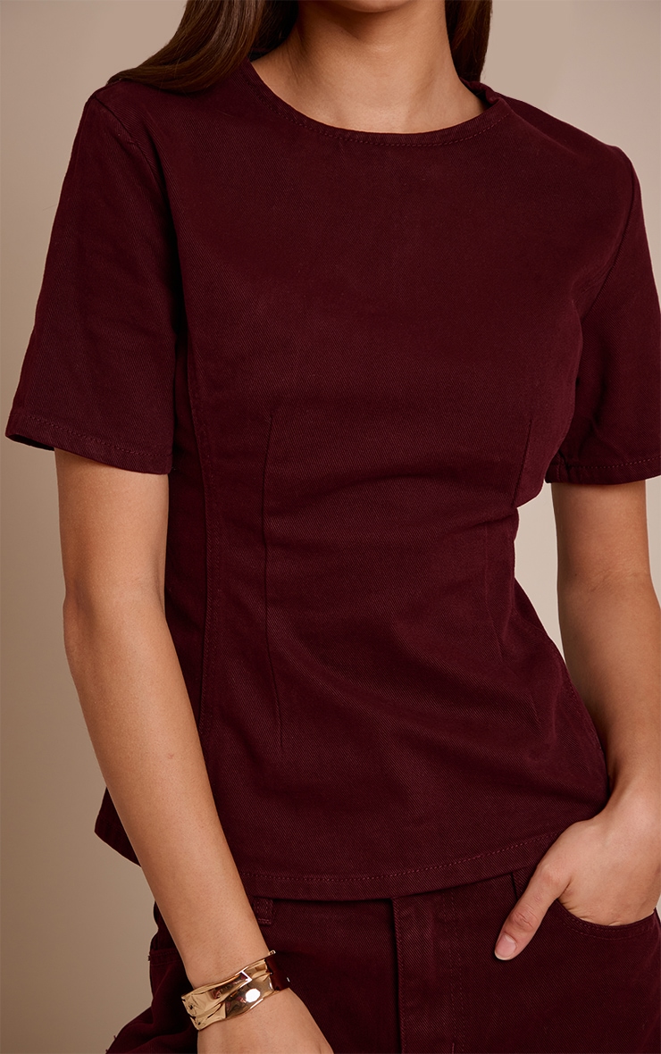 Dark Burgundy Cinched Waist Peplum Denim Top image 4