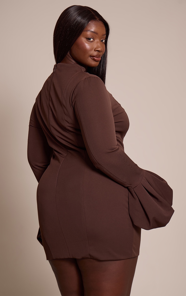 Plus Chocolate High Neck Puff Sleeve Bodycon Dress image 2