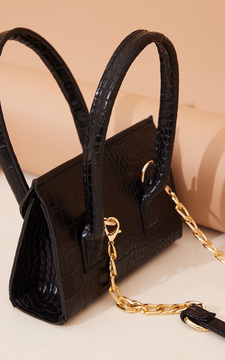 Mini sac à bandoulière noir effet croco à anses longues image 3