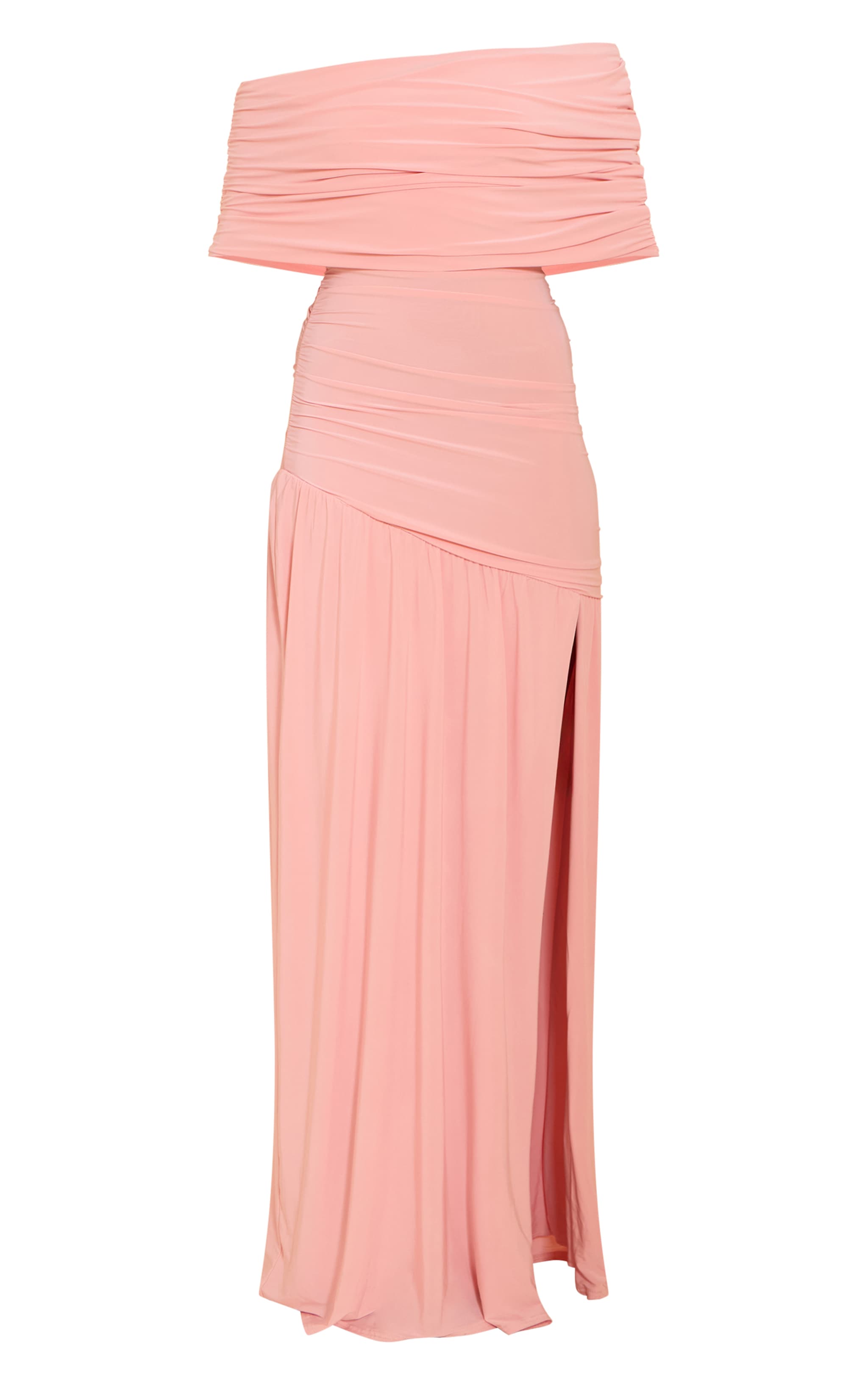 Blush Double Layer Slinky Bardot One Shoulder Ruched Maxi Dress image 5