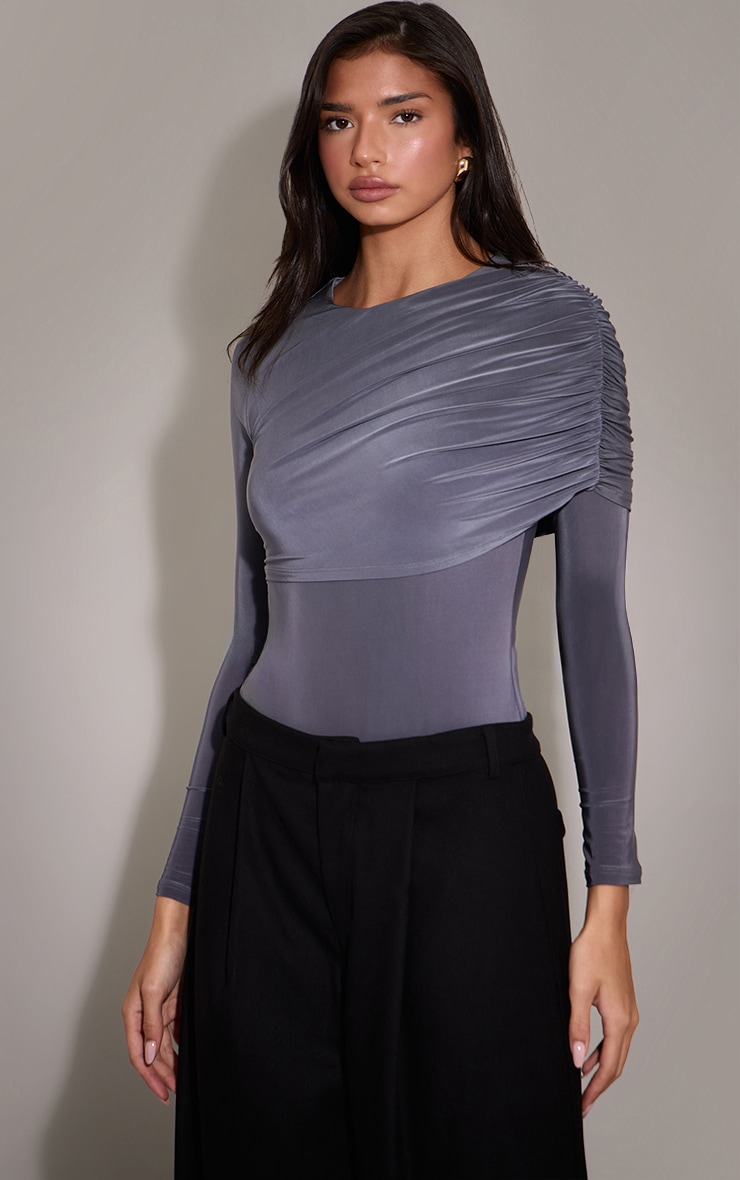Charcoal Double Layer Slinky Cape Detail Long Sleeve Bodysuit image 1