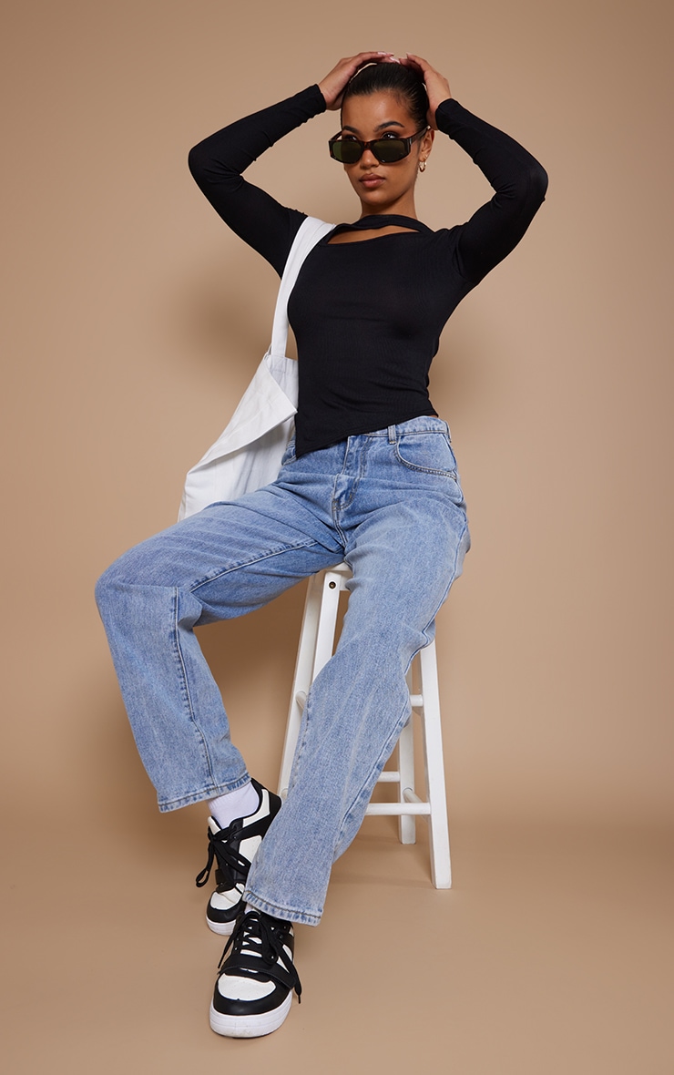 Black Rib Cut Out Asymmetric Long Top image 3