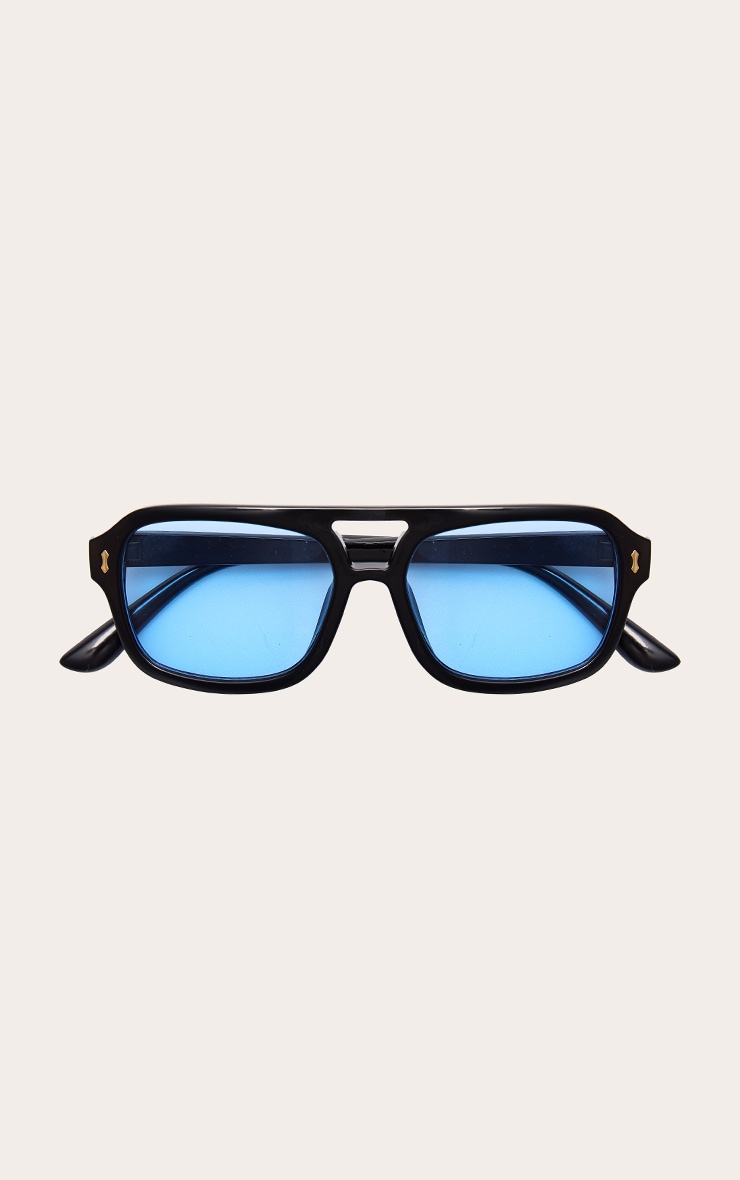 Black Frame Blue Lens Aviator Sunglasses image 2