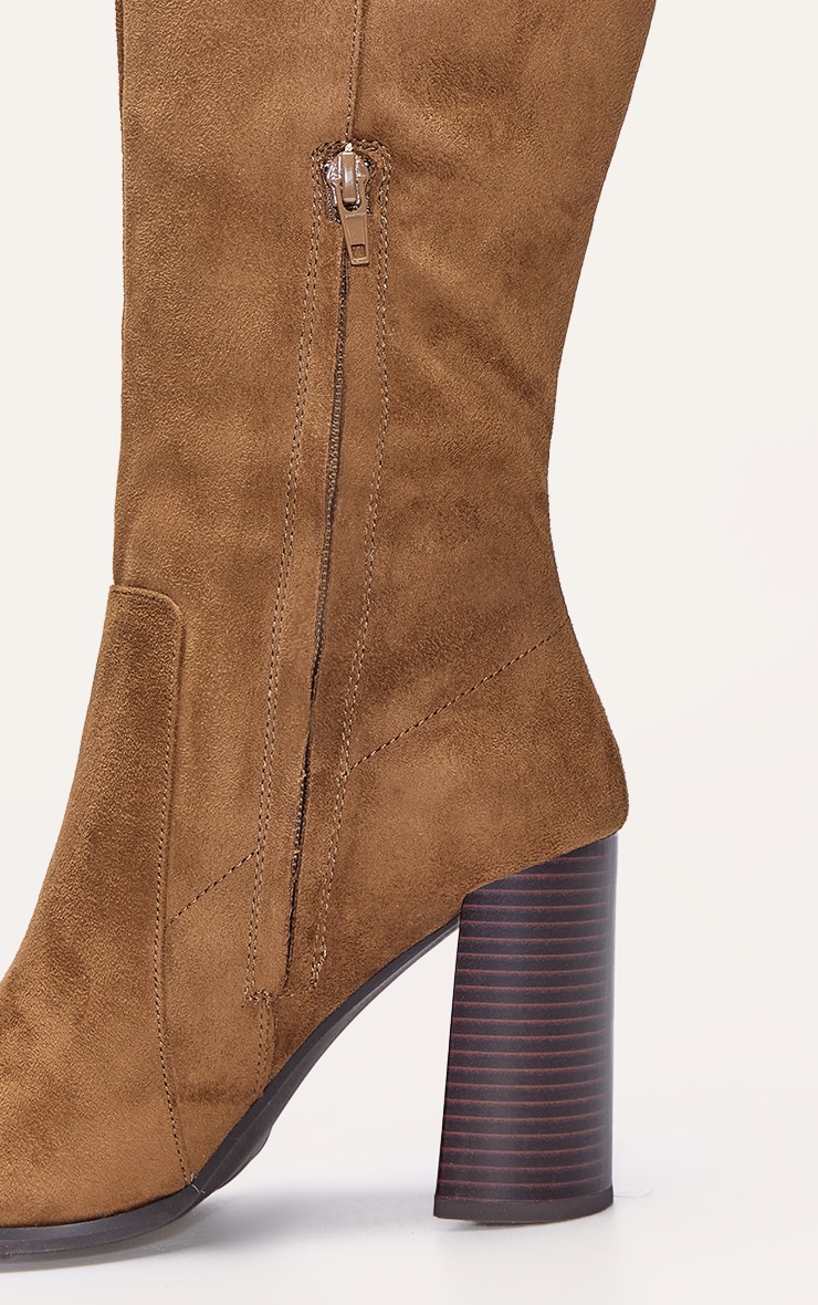 Tan Faux Suede Round Toe High Block Heel Knee High Boots image 4