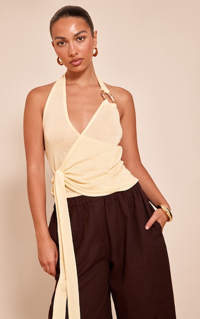 Lemon Tie Detail Halter Neck Trim Knit Top