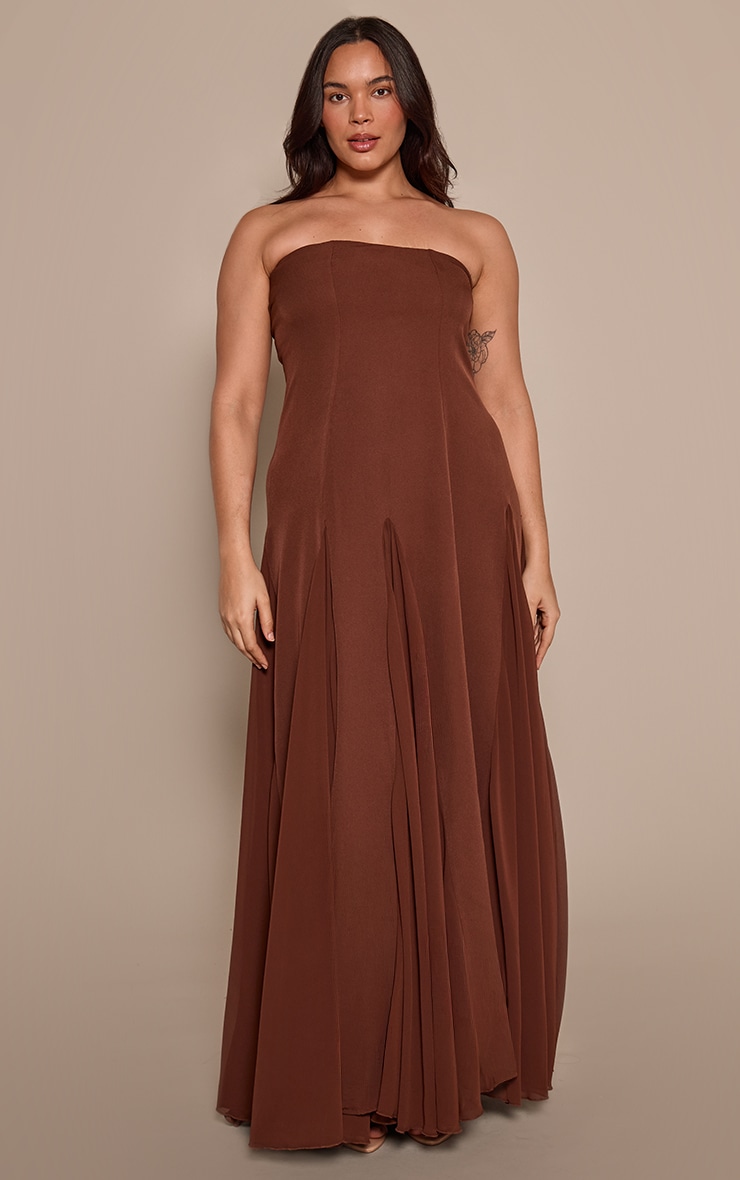 Plus Chocolate Bandeau Chiffon Pleated Maxi Dress image 3