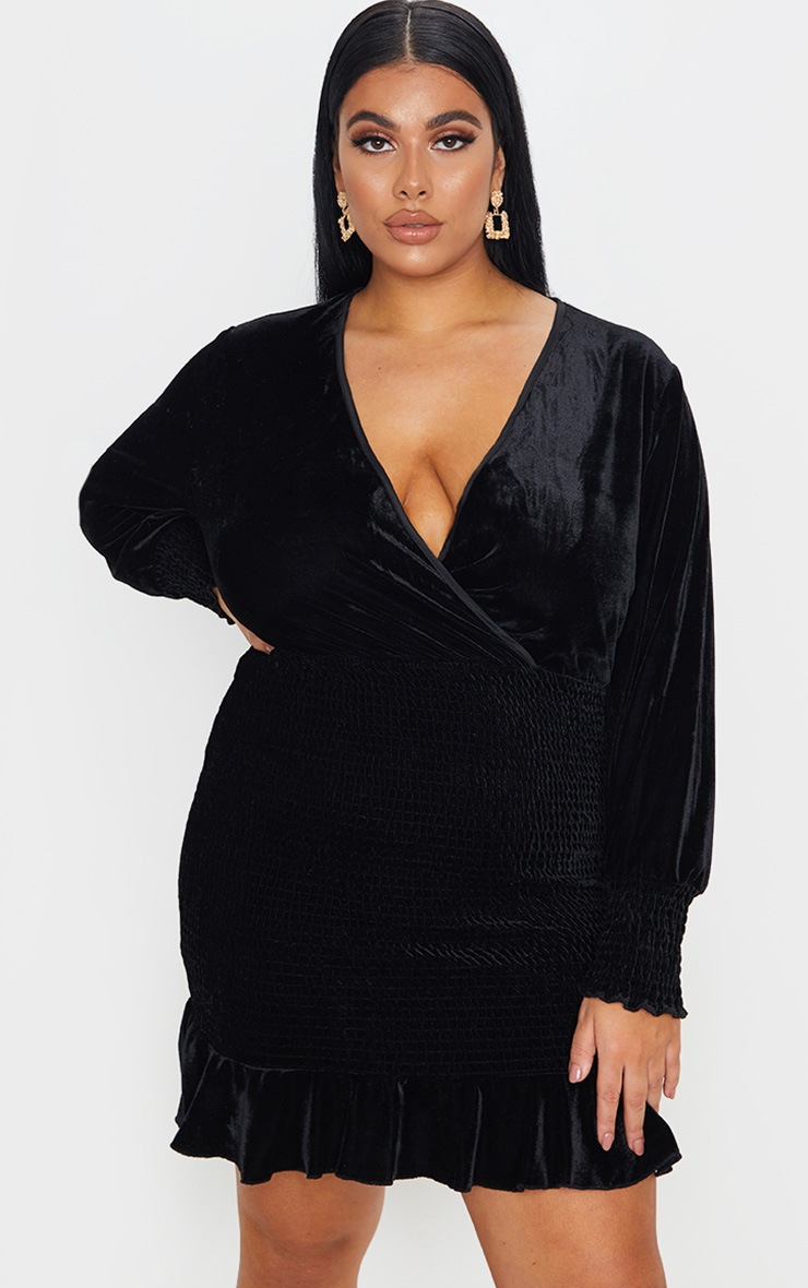 Plus Black Velvet Ruched Skirt Bodycon Dress
