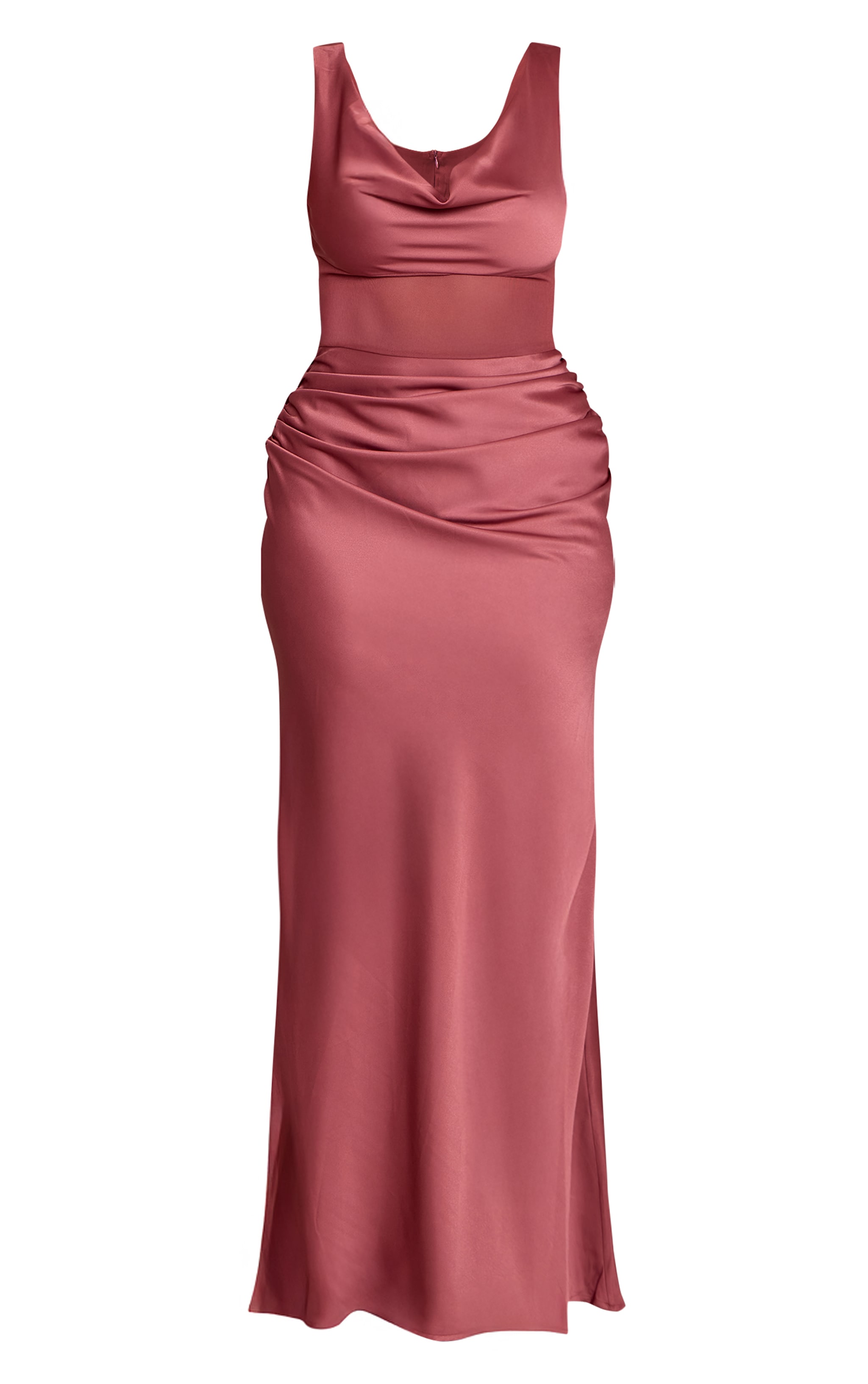 Shape Burgundy Satin Mesh Panel Cowl Neck Maxi Dress image 5