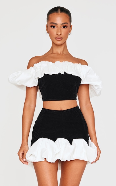 Petite Black Velvet Ruffle Detail Bardot Crop Top