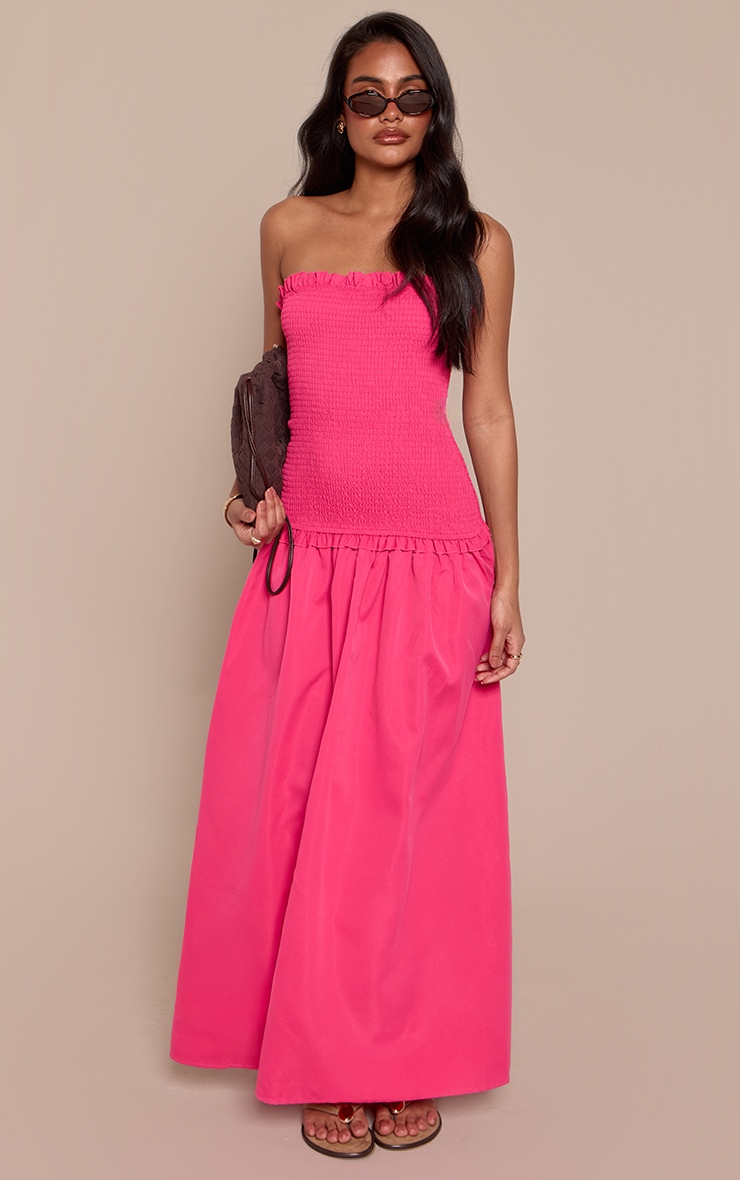 Fuschia Shirred Bandeau Frill Edge Maxi Dress