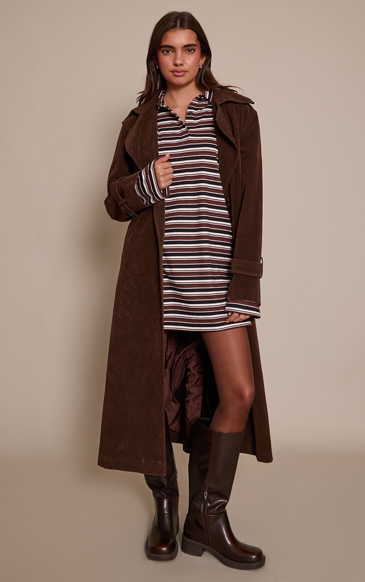 Brown Stripe Collar Long Sleeve Shift Dress image 1