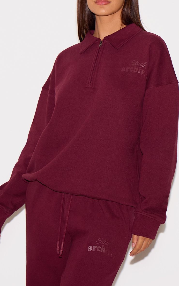 PRETTYLITTLETHING Burgundy Premium Studio Archives Collared Sweatshirt image 4