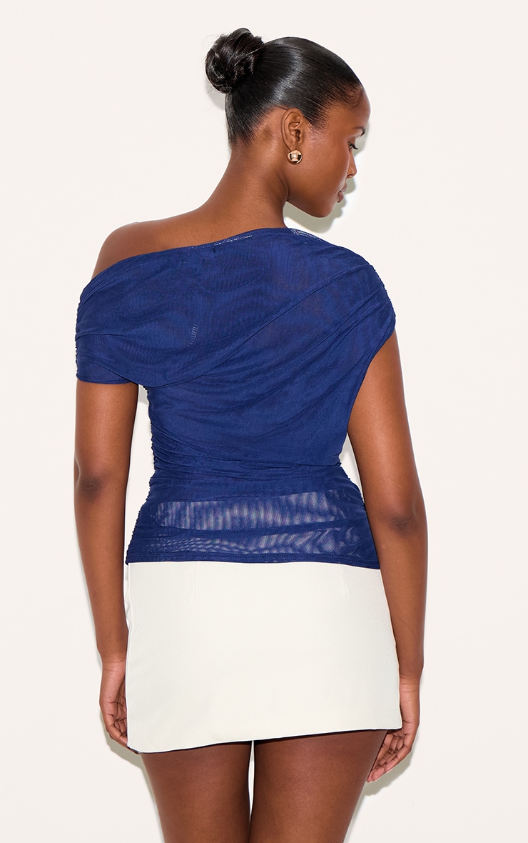  Navy Double Layer Mesh Ruched Detail Asymmetric Top image 2