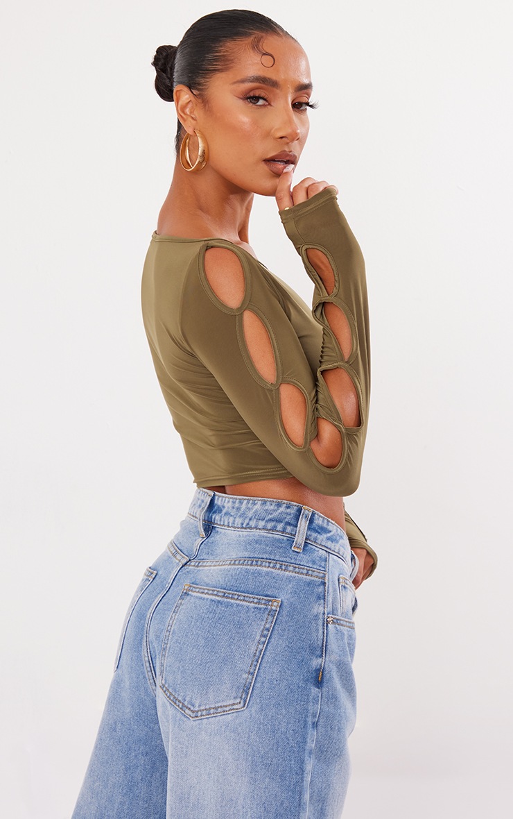 Olive Slinky Cut Out Sleeve Crop Top image 2