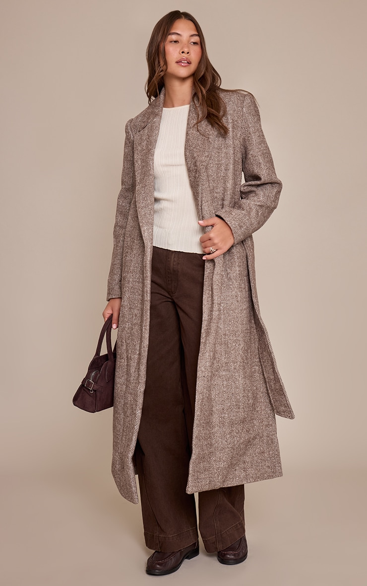 Brown Herringbone Tie Waist Maxi Coat image 3