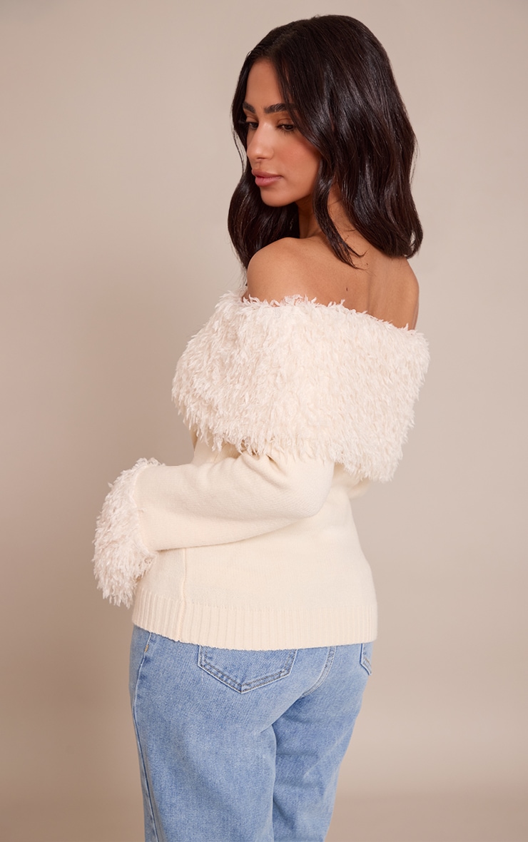 Petite Cream Feather Trim Detail Knitted Bardot Top image 2