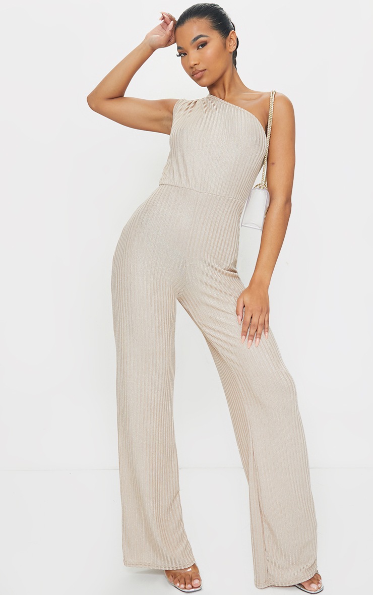 Gold Metallic Rib One Shoulder Jumpsuit