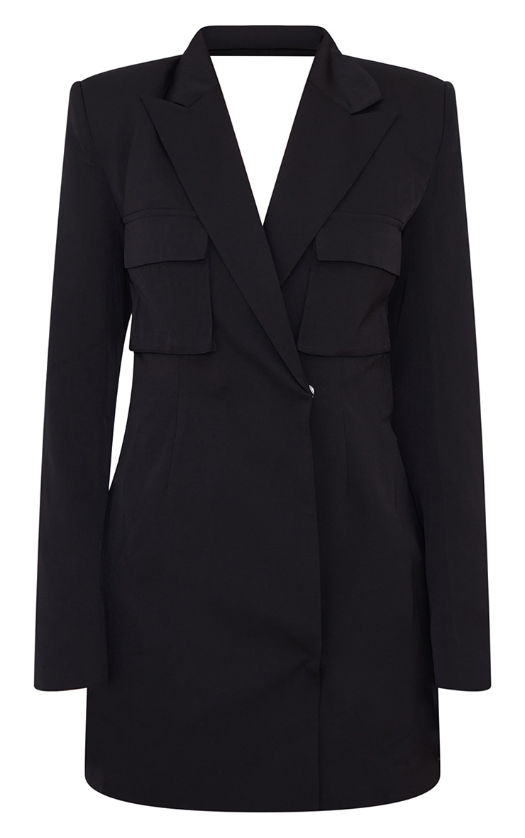  Black Woven Utility Style Backless Blazer Dress image 4