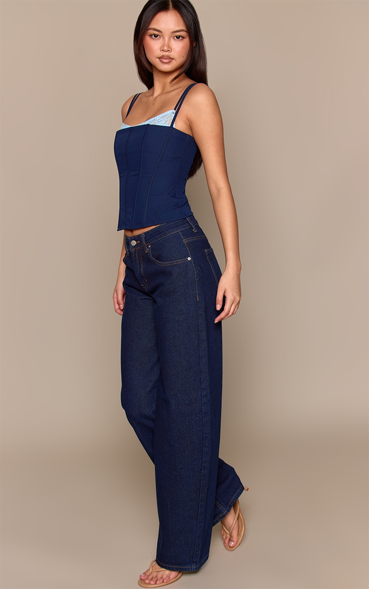 Corset tissé bleu marine à bretelles fines et partie contrastante en dentelle image 3