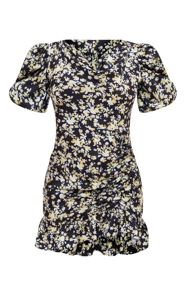 Black Floral Print Puff Sleeve Ruched Frill Hem Bodycon Dress image 5