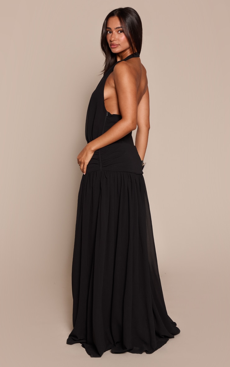 Petite Black Wrap Waist Ruched Chiffon Flowy Maxi Dress  image 2