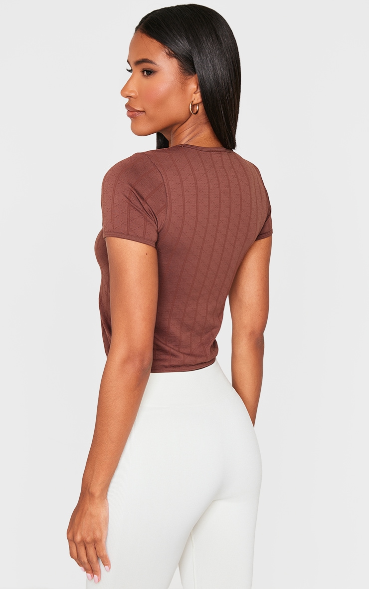 Brown Contour Pointelle Crew Neck Short Sleeve Long Top image 2