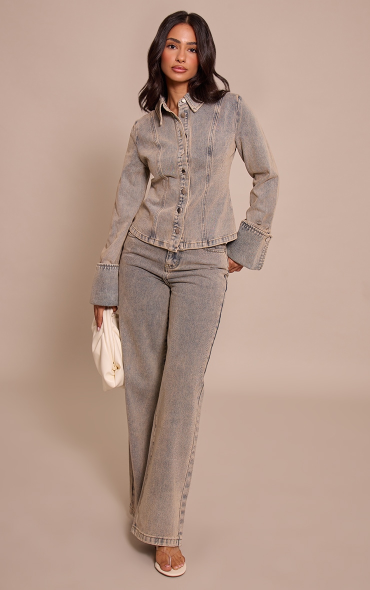 Petite Blue Vintage Wash Long Sleeve Fitted Denim Shirt image 3