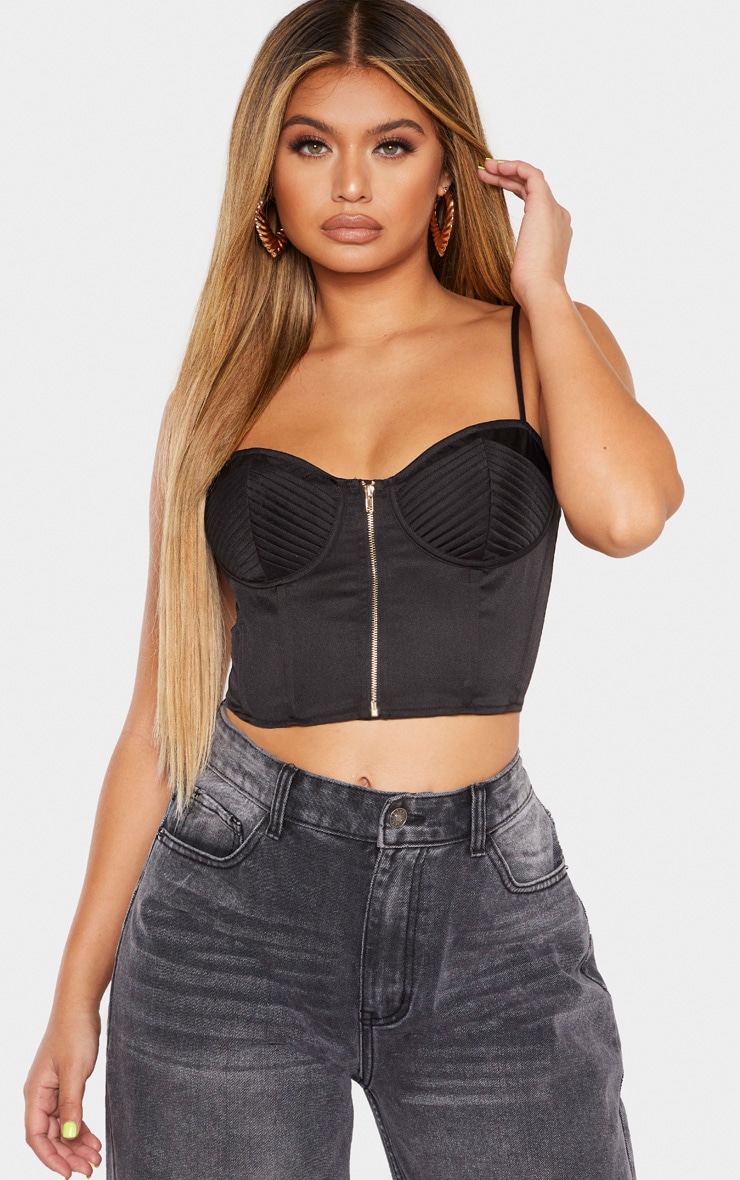Women Black Twill Front Zip Corset Top With Cargo Pants