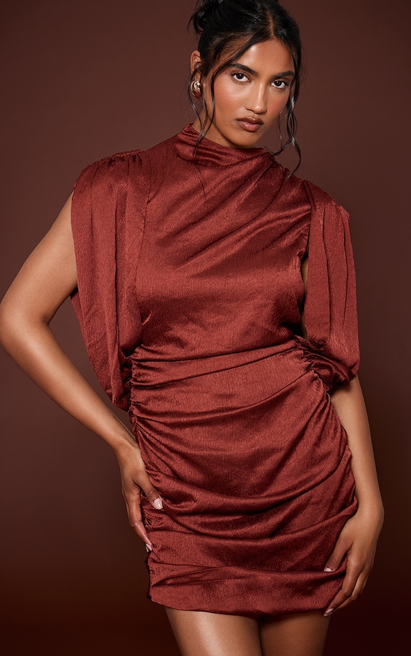 Rust Textured Draped Mini Dress