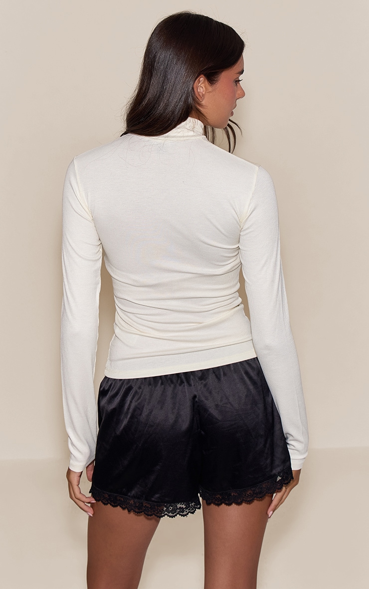 Cream Soft Rib High Neck Fitted Long Sleeved Top image 2