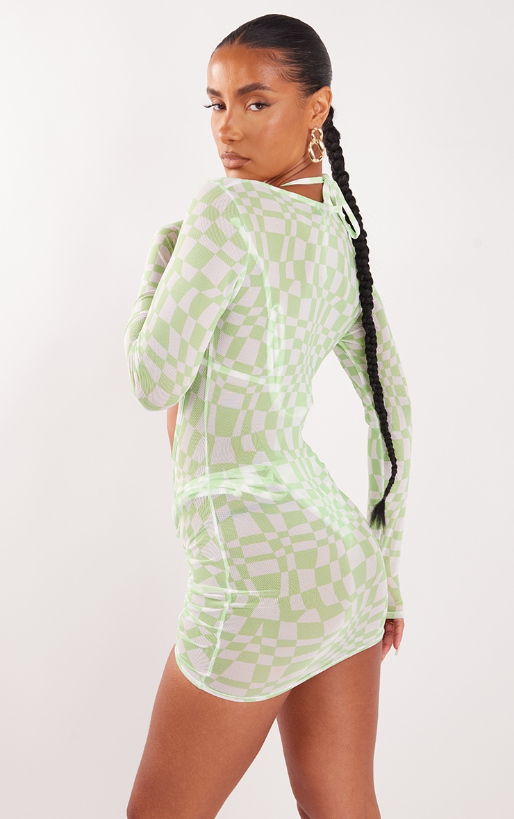 Green Wavy Check Mesh Ruched Dress image 2