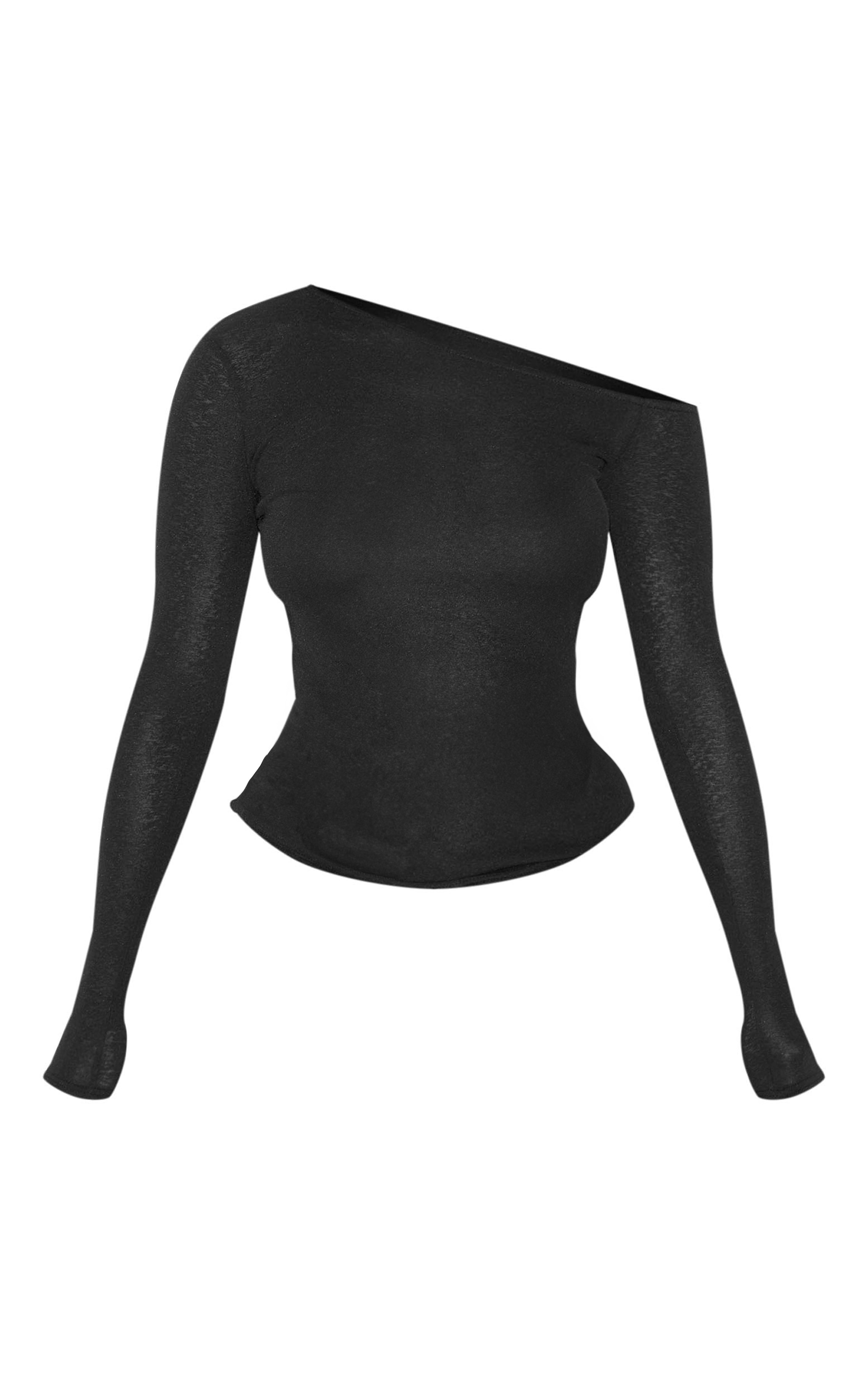 Black Burnout Mesh Asymmetric Shoulder Long Sleeve Top image 5