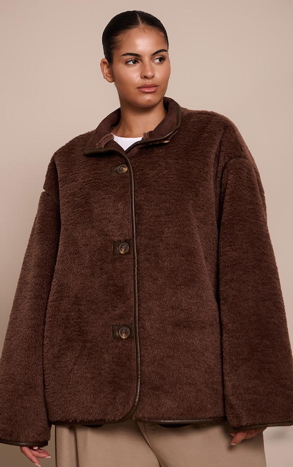 Plus Chocolate Borg Faux Leather Contrast Coat