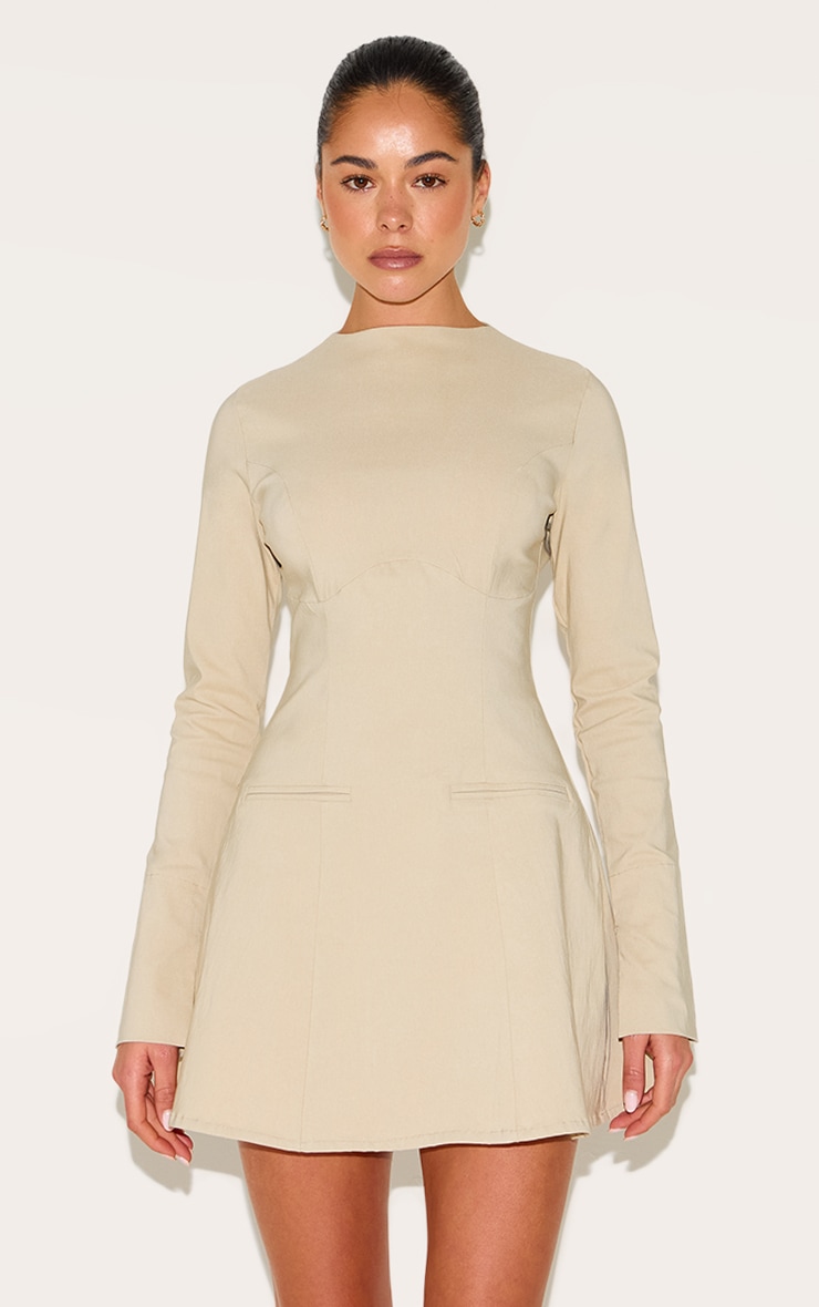 Beige Woven Boat Neck Flare Sleeve Shift Dress | Dresses