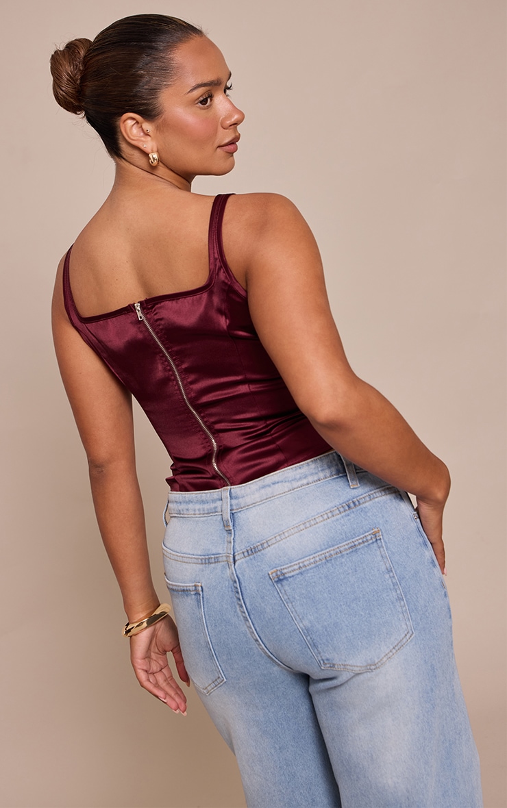 Shape Burgundy Square Neck Satin Longline Corset Top image 2
