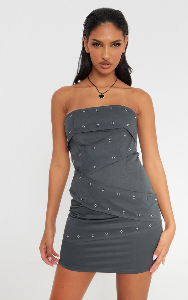 Charcoal Eyelet Belted Wrap Bandeau Bodycon Dress PrettyLittleThing