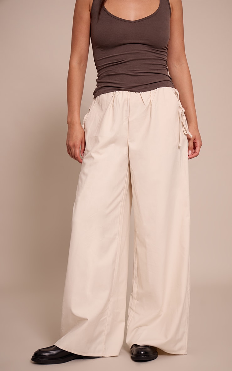 Cream Woven Side Tie Detail Wide Leg Pants image 2