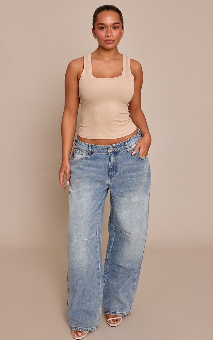 Shape Mid Blue Dipped Waist Side Adjuster Barrel Leg Denim Jeans image 1