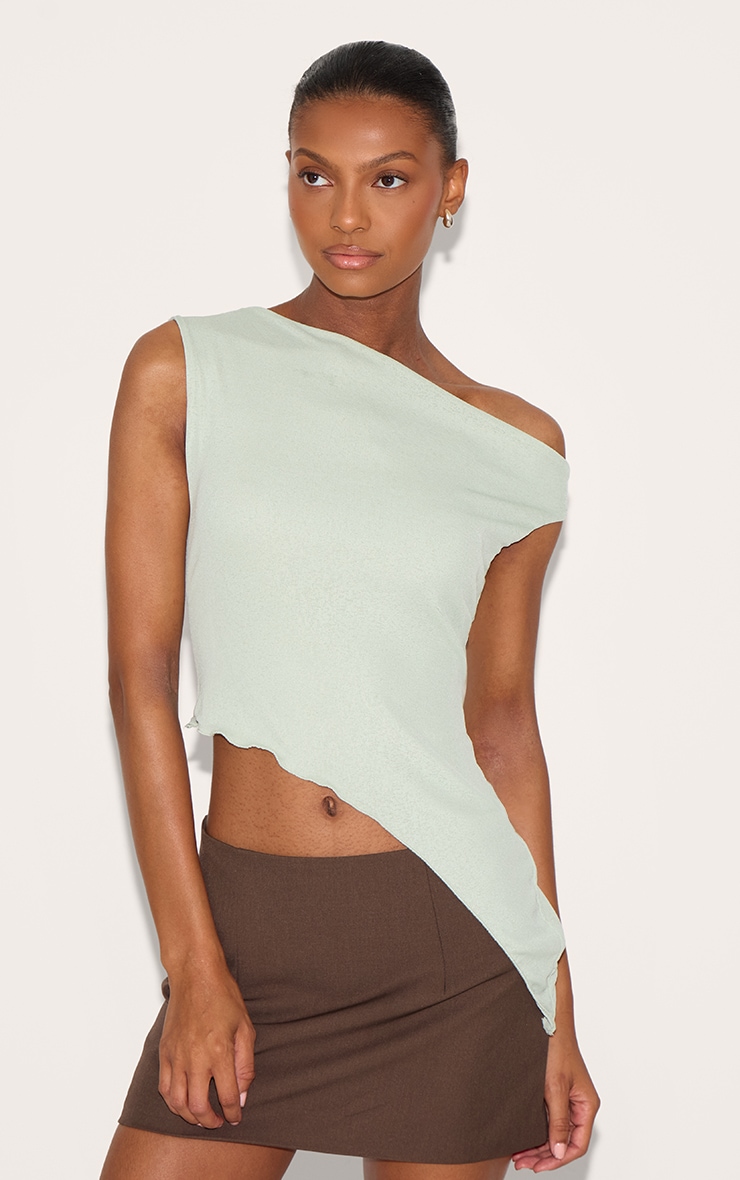Sage Green Burnout Mesh Asymmetric Long Top image 1
